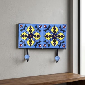 Export Quality Blue Pottery Wall Coat Hook Sky Blue Ceramic Tile Cast Iron Material <b>Beads</b> <b>Art</b> CIH 198 Uttar Pradesh - Product Image 1
