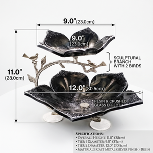 Luxury 2-Tier Flower Metal Fruit Bowl <b>Stand</b>, Black Enamel Pastry Serving Tray With Silver <b>Birds</b> Branch Base For Tabletop Buffet - Product Image 3