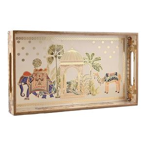 Bandeja Decorativa Rectangular Ligera de Madera Esmaltada, Grabada en Oro, Pintada a Mano, Estilo Art Deco, para Servir, Bodas, Ramadán, Mesa - Product Image 2