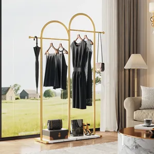 Modern Gold Metal Clothing <b>Rack</b> with Marble Base 38.4x13.7x76.7 Inches Single Tier Standing Coat Organizer for Wardrobe - Product Image 4
