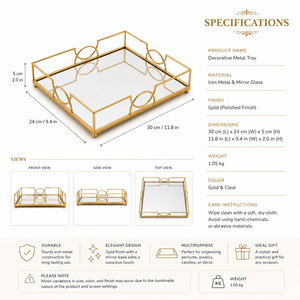 <b>Gold</b> Plated <b>Rectangular</b> Storage Tray <b>Mirrored</b> Surface Minimalist Design for Living Room Table Top Use - Product Image 3