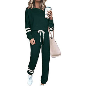 Ensemble de survêtement pour femmes, couleur unie, manches longues, col rond, coupe ample avec poches latérales, taille à cordon de serrage, style décontracté d'automne - Product Image 1