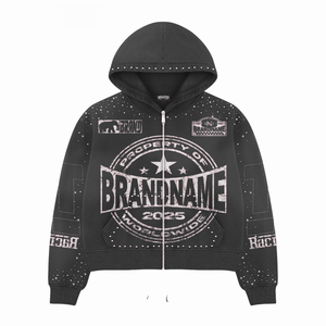 เสื้อฮู้ดพิมพ์ลายเพชรเทียมแบบกำหนดเองสำหรับผู้ชาย สไตล์วินเทจ เสื้อซิป สตรีทแวร์ แฟชั่นฮิปฮอป พิมพ์ลายสกรีน - Product Image 5