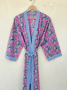 Bata Kimono de Algodón 100% Tejido con Estampado de Bloques y Dibujos Animados Naaz para Mujer, Camisón de Verano Hecho a Mano ODM con Cuello en V y Cintura Elástica Completa - Product Image 3