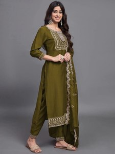 <b>Women</b> Olive Green Embroidered Slub Cotton Quick Dry <b>Kurta</b> Pant Dupatta Set Traditional Ethnic Wear Floor-Length Regular Fit - Product Image 4