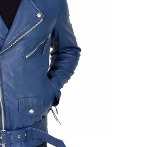 Veste de moto pour homme en cuir véritable bleu, imperméable, respirante, col rabattu, fermeture éclair, coupe ajustée, poches avec ceinture, automne - Product Image 3