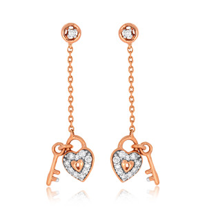 Women's Yellow Gold Plated 14K Heart & Key Chain Lab Grown <b>Diamond</b> Long <b>Dangle</b> <b>Earrings</b>-Trendy Anniversary Gift - Product Image 1