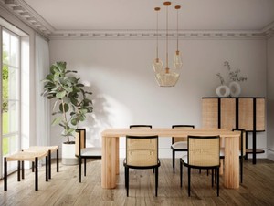 Ensemble de salle à manger scandinave moderne en bois, table rectangulaire avec chaises à dossier en rotin pour la salle à manger à domicile - Product Image 2