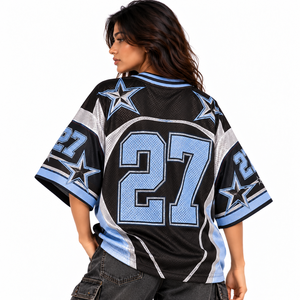 Maillot de football en mesh noir et bleu à imprimé étoiles pour femme, col en V oversize, avec numéro imprimé, style streetwear, logo personnalisé, commande en gros - Product Image 2