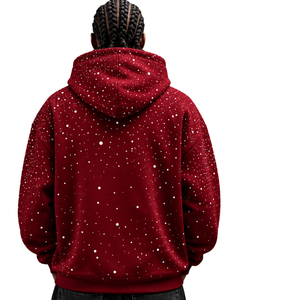 Burgundy <b>White</b> Speckled Print <b>Men</b> Pullover Hoodie Oversized Fleece <b>Sweatshirt</b> Drawstring Hood Kangaroo Pocket Casual Wear - Product Image 2