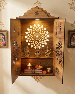Mueble de Madera Artesanal para Pooja Hindú |   Templo Cortado con Láser con Diseño de Loto y Campana |   Caja de Oración para el Altar del Hogar |   35×20×60 cm - Product Image 3