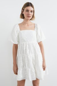 White Women's A-Line <b>Mini</b> Dress with <b>Bubble</b> Sleeves Shirring at Back & Side Zip-Floral Embroidery Embrace the Warm Weather - Product Image 5