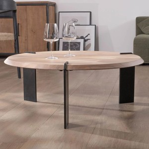 Vandana Golden Living <b>round</b> designer <b>coffee</b> <b>table</b> in acacia wood with 3 <b>black</b> metal legs - Product Image 2
