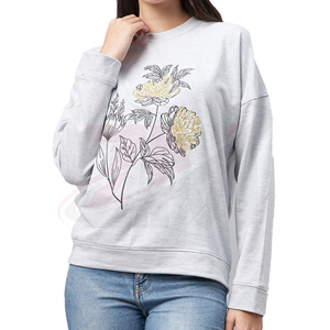Sweat-shirt à col rond pour femme, imprimé floral, décontracté, manches longues, pull-over, 100% coton, tricoté, respirant, imprimé sur le devant - Product Image 1
