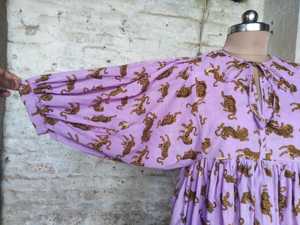 Animal Handblock Cotton Knee Length Dress O Neck <b>Three</b> Quarter Puff Sleeves Loose Fit Women's Daily Wear Embroidery Pocket - Product Image 3