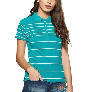 Polo a Rayas para Mujer, Manga Corta, Largo Regular, Tela Oxford de Algodón, Estilo Casual, Transpirable, Blanco con Rayas Verde Azulado - Product Image 5