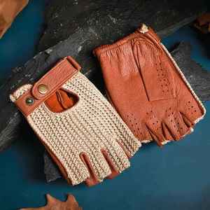 Gants de moto rétro tricotés mi-doigts, thermiques, respirants, longueur poignet, avec garniture en cuir, pour usage sportif hiver - Product Image 5