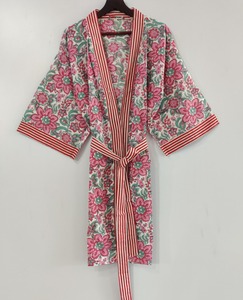 Robe de chambre kimono longue en coton à col en V avec ceinture, respirante, pour la nuit ou comme paréo de plage - Product Image 2