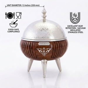 Elegante calentador de alimentos de madera estriada estilo Majlis con detalles plateados tradicionales, tipo chafing dish para Ramadán, utensilio de servicio tipo hotpot, duradero, para el mercado del Golfo, al por mayor - Product Image 4