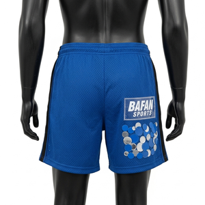 Shorts deportivos de malla transpirable de poliéster premium de 160 GSM para mujer, color azul real, con logo de lentejuelas aplicadas. - Product Image 6