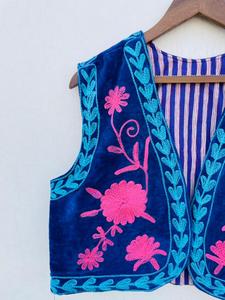 Artisan <b>Blue</b> Velvet Cotton Suzani Floral Lightweight <b>Women's</b> Embroidered Bohemian Ethnic Sleeveless Vest Coat <b>Waistcoat</b> - Product Image 5