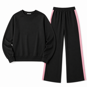 Women Black Tracksuit <b>Set</b> Pink Side Stripe Sweatshirt Wide Leg Pants Casual Athleisure Sportswear 100% Cotton Custom Logo - Product Image 3