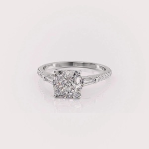 Bague de fiançailles en diamant de laboratoire certifié IGI, taille coussin, or blanc/rose et or jaune 14 carats, avec accent baguette, bague de mariage - Product Image 5