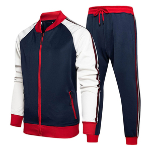 Ensemble de survêtement pour homme, bleu marine, blanc, rouge, avec blocs de couleur, fermeture éclair intégrale, col rabattu, style sportif, avec poches latérales, polyester respirant - Product Image 4