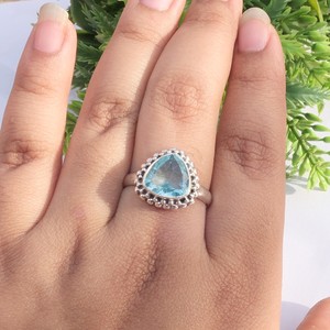 Pure 925 Sterling Silver Pear Blue Topaz Handmade Vintage Beaded <b>Statement</b> <b>Ring</b> 18K Rose Gold Yellow Gold Plated Jewelry - Product Image 2