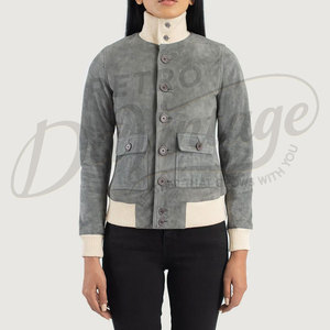 Chaqueta Bomber de Cuero de Ante Genuino Gris para Mujer, con Ribete Acanalado Crema, Ajuste Delgado, de Ante de Cabra Premium, Abrigo Casual de Invierno a la Moda - Product Image 3