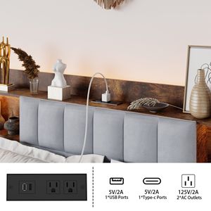 Cadre de lit rembourré Queen Size avec tête de lit à éclairage LED et 2 tiroirs de rangement, station de charge, aucun sommier requis - Product Image 4