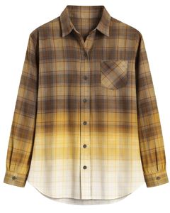 Camisa de Franela a Cuadros Ombre Marrón y Amarillo Personalizada para Mujer, Manga Larga, Cuello Abotonado, Informal, Mezcla de Algodón, Blusa de Otoño e Invierno - Product Image 1