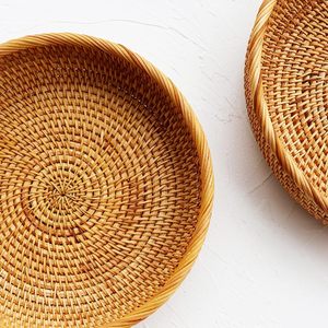 Round Rattan Storage <b>Tray</b> with Rolled Edge Handmade Eco-Friendly Vintage Tableware for Bread Nuts & Candy - Product Image 3