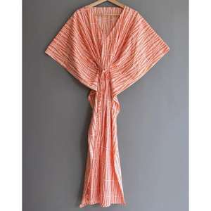 Vestido Kaftán Informal de Algodón para Mujer, Hermoso Estampado a Bloques, Maxi Vestido Largo de Verano para la Playa, Mangas Cortas, Traje de Baño, Estilo Étnico - Product Image 4