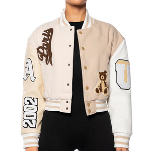 Veste courte de style streetwear pour femme, personnalisée en usine, 100% laine chenille, broderie de lettres, style baseball varsity - Product Image 2