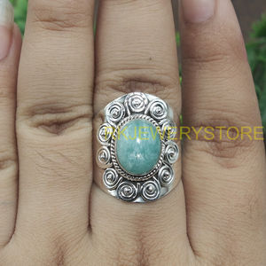 Natural Amazonite Gemstone <b>Ring</b> 925 Sterling Silver Handmade Boho Vintage <b>Statement</b> <b>Ring</b> Oval Cabochon Wide Band Jewelry for Men - Product Image 5