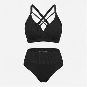 Ensemble bikini 2 pièces côtelé noir pour femme NORTH APPROACH, haut croisé à licou et bas taille haute, maillot de bain extensible - Product Image 1