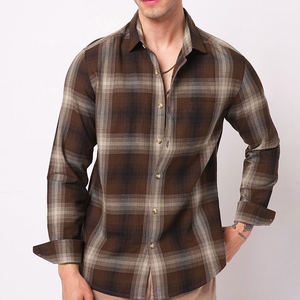 Chemise en flanelle à carreaux marron pour homme, manches longues, col rabattu, vêtement décontracté d'automne, chemise en coton tissé respirant - Product Image 1