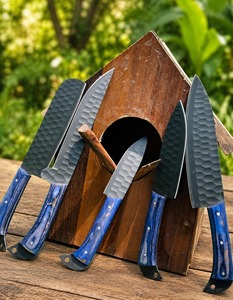 Ensemble de 5 couteaux en acier Damas, manche bleu, lame martelée, couteaux de cuisine à bord droit - Product Image 2