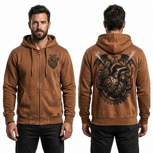 Sudadera con capucha completa personalizada para hombre, color canela, con gráfico de corazón mecánico steampunk, estilo vintage, de forro polar, para streetwear - Product Image 1
