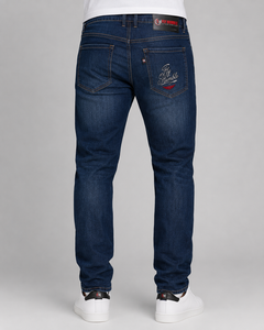 Fly Humble Men's Regular Fit Denim <b>Jeans</b> Dark Wash <b>Embroidered</b> Logo Patch Formal Style Spring Cotton Straight Leg Breathable - Product Image 2