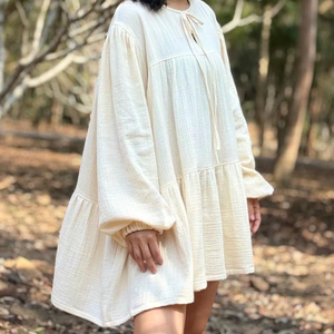 Robe Courte Décontractée en Gaze de Coton pour Femme, Manches Longues Ample, Style Bohème, à Volants, Manches Bouffantes, Fluide, pour l'Été - Product Image 1