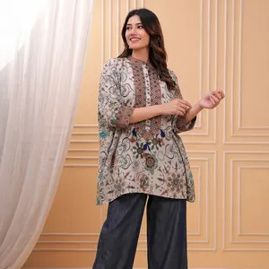 Chemisier ample à manches longues et col en V pour femme, imprimé floral, style indien pakistanais, chemise ethnique bohème, mode décontractée automne - Product Image 4