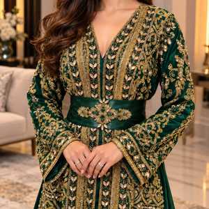 Robe Abaya vert émeraude pour femmes, broderie dorée lourde, robe longue élégante de créateur marocain, manches longues, robe maxi ornée de bijoux - Product Image 5