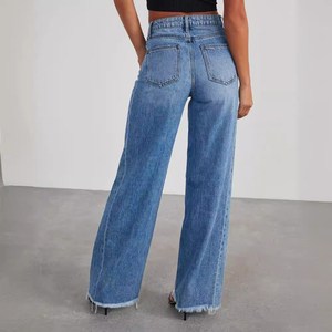 Pantalones vaqueros de mujer al por mayor, de cintura alta, pierna ancha, con dobladillo deshilachado, lavado medio, ajuste holgado, estilo casual - Product Image 2