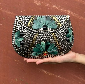 Handcrafted Vintage Storage Bag Boho Green Stone & <b>Silver</b> Brass Beaded <b>Clutch</b> Bag Handmade Embellished Metal Evening Party Purse - Product Image 1
