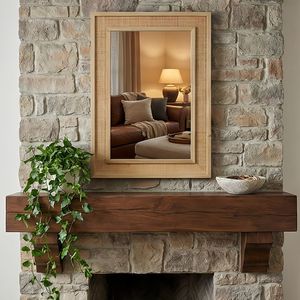 Specchio da Parete Decorativo Rettangolare in Rattan con Cornice in Legno Massello 24"x36" Colore Legno Naturale per Bagno, Casa, Ingresso Stile Rustico - Product Image 3