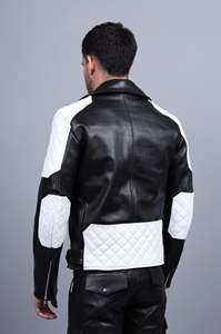Blouson de motard en cuir bicolore pour homme avec fermeture éclair asymétrique, options de panneaux contrastants et de passepoil, col large et taille ceinturée, style Perfecto - Product Image 6
