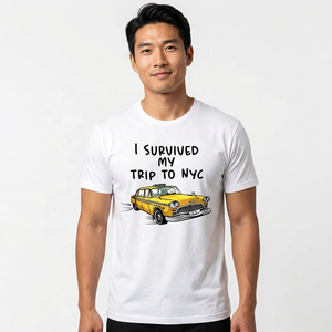 T-shirt à manches courtes pour hommes, col rond, coupe régulière, en jersey de coton, motif dessin animé Taxi, I Survived My Trip To NYC - Product Image 5