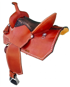 Silla de montar western de cuero para caballo con estructura de fibra de vidrio, silla de montar larga para equitación, silla de vaquero Roughout con adornos de alambre de púas - Product Image 3